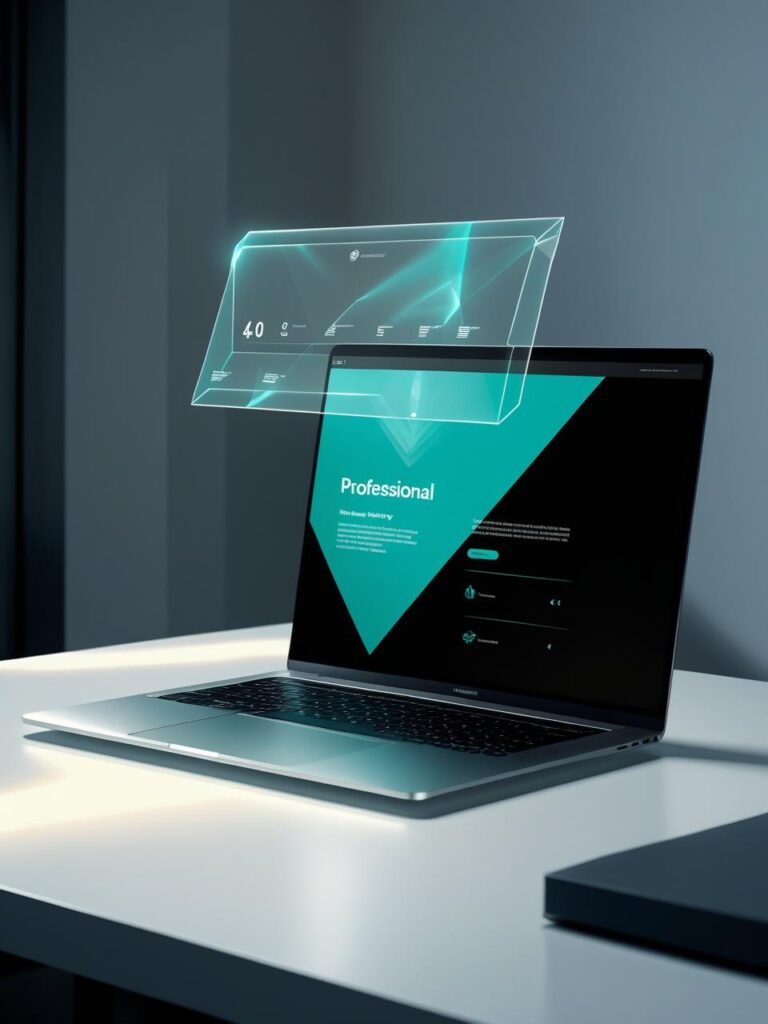 A Modern Laptop On A Clean Desk With A Glowing Holographic Website Interface Floating Above The Screen In Teal 4eccc0 And Black Tones Futuristic And Professional 768x1024